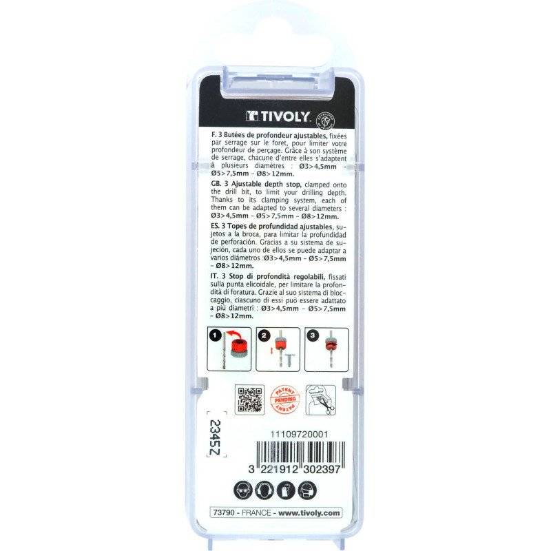 Lot de 3 butées de perçage réglables sans outils pour forets de Ø 3 à 12mm Tivoly