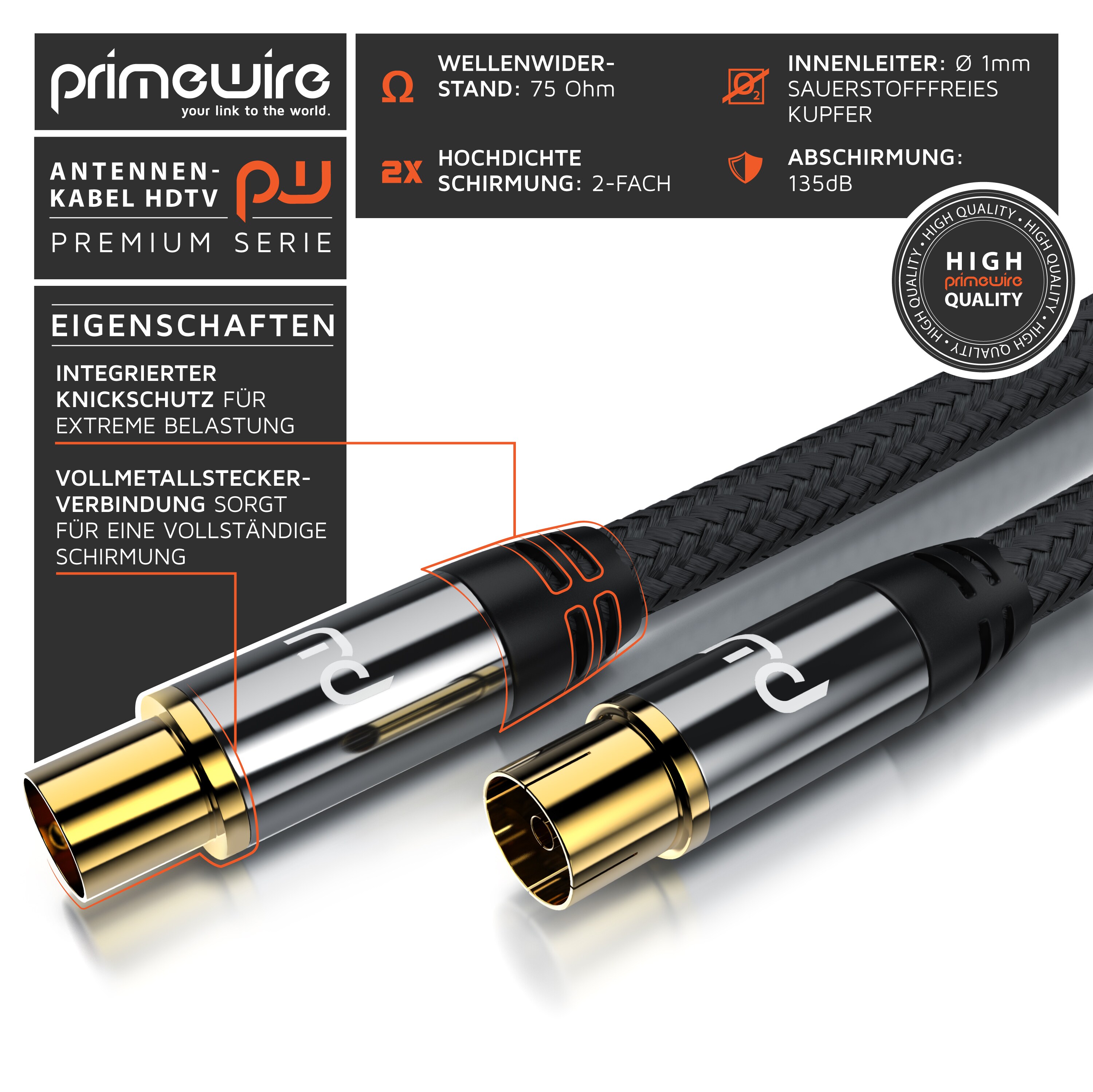 Primewire HDTV Antennenkabel mit Braiding - 2-fach Schirmung - Stoffummantelung - 75 Ohm / 135 dB - 3 m