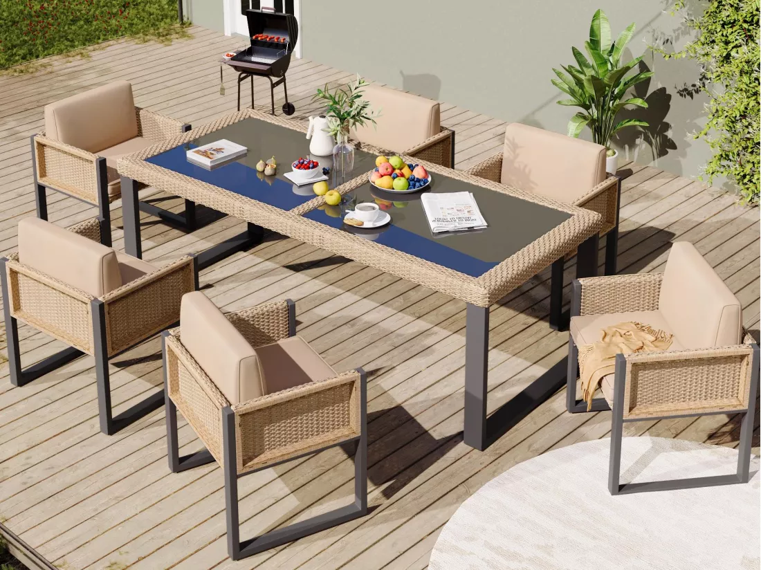 Ensemble de salle à manger de jardin pour 6 personnes - 6 fauteuils - 1 table - structure en fer galvanisé - en tissu amovibles et lavables - Beige