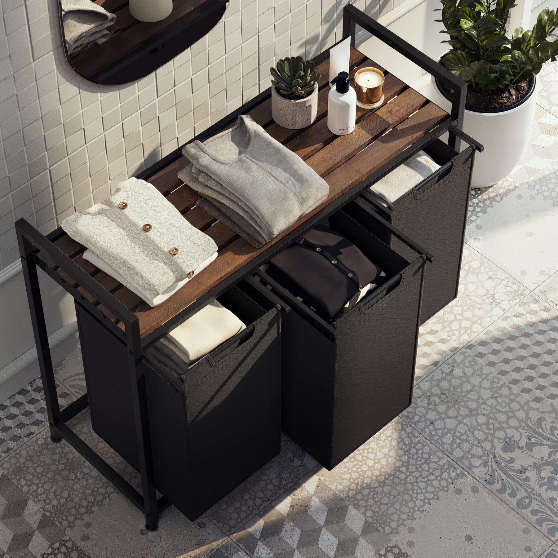 tectake® Wäschesortierer, Industrial-Style, 2 oder 3 ausziehbare Fächer, mit Ablage, höhenverstellbare Kunststofffüße