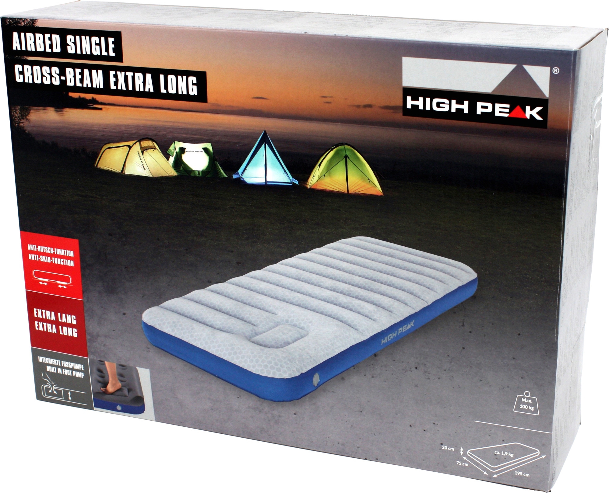 High Peak Air bed Cross Beam Extra Long Luftbett mit integrierter Pumpe hellgrau/blau Single