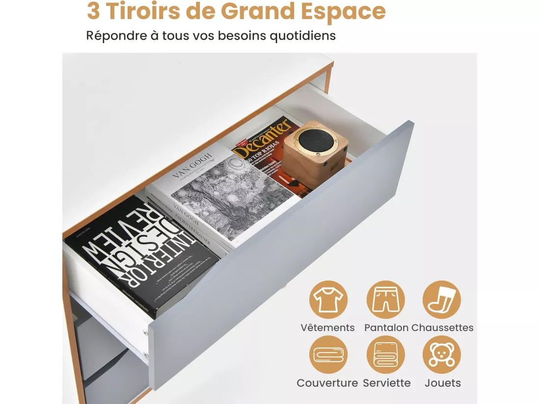 Commode Chambre 3 Tiroirs, Commode Chambre Adulte, Chiffonnier Commode Gris Bois, Design Scandinave, Poignée Intégrée, Dispositif Anti-basculement Inclus, 75 x 42 x 75 cm