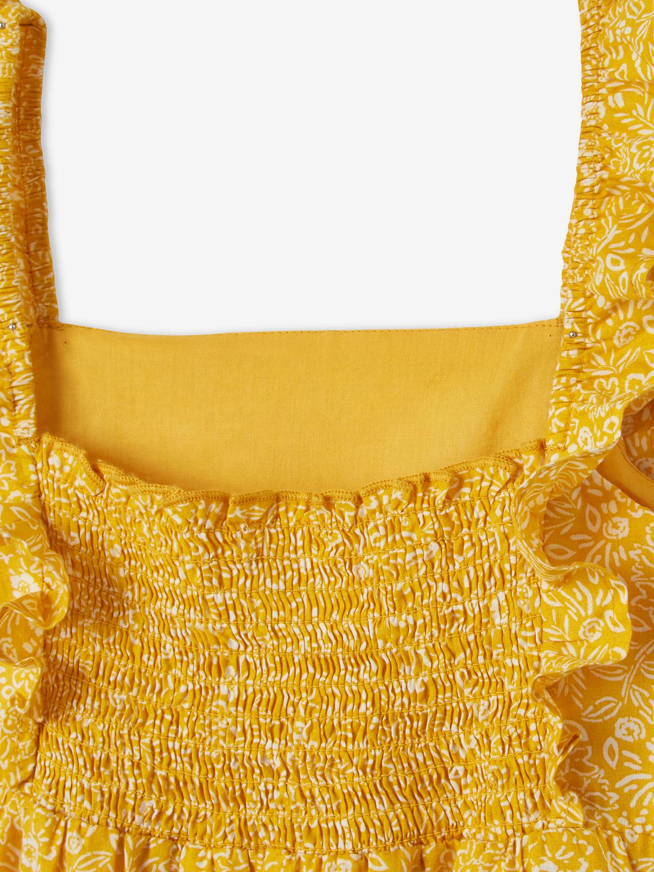 Vestido longo de alças finas com babados, para meninas, estampa amarelo escuro.