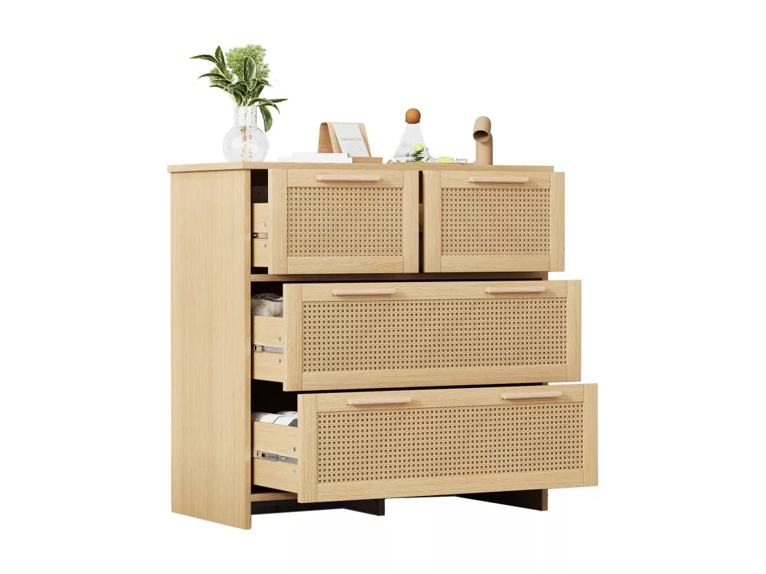 Armoire en rotin à 4 tiroirs avec poignées en bois massif,d80cm×h38cm