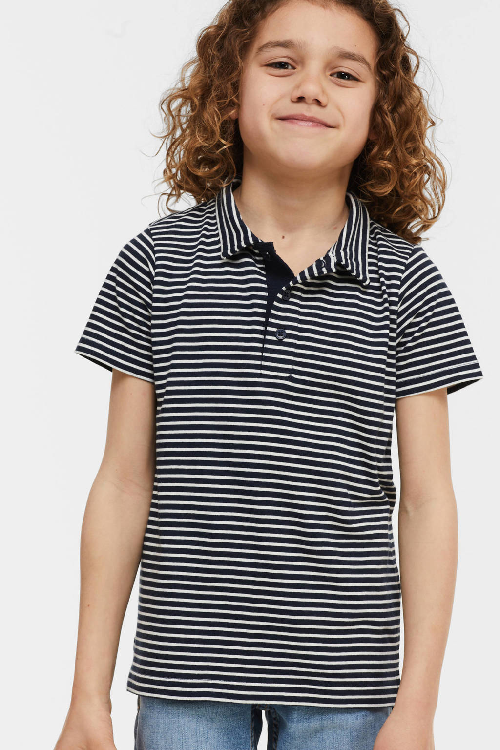anytime gestreepte polo donkerblauw/wit