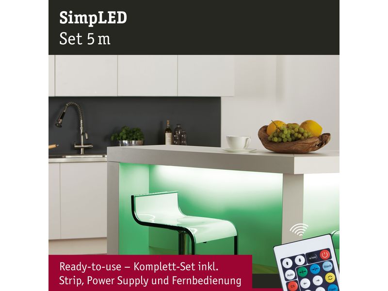 Paulmann LED-Stripe SimpLED RGB, 5 m Rolle Beschichteter RGB LED-Streifen mit Fernbedienung, kürzbar