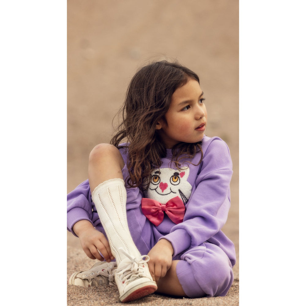 Køb Mini Rodini Purple Cat Med Bowtie Chenille Sweatpants