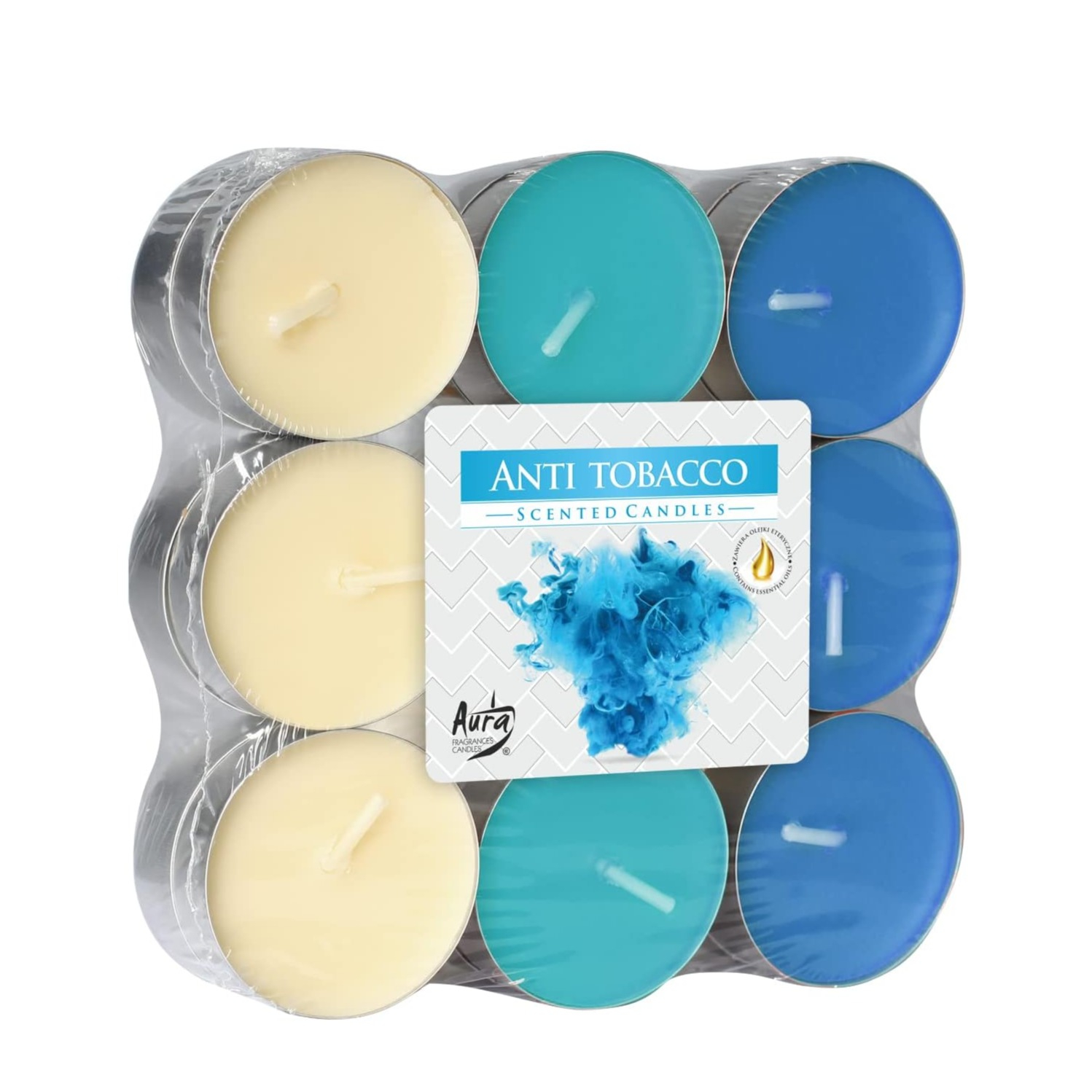 (18er Set) Ø40mm Duft Kerzen Flache Rechauds Aromatherapie Teelichter (19764) - Anti-Tabak