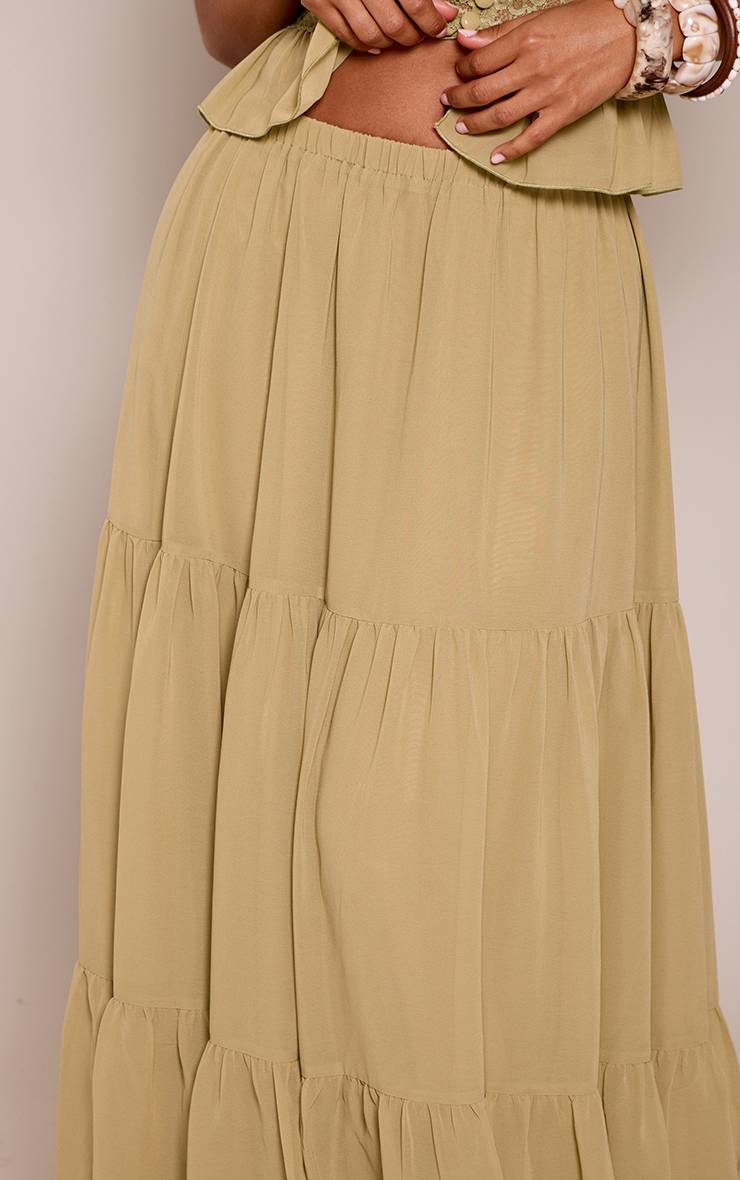Vert Olive Ensemble Jupe Longue En Mousseline Superposée Petite