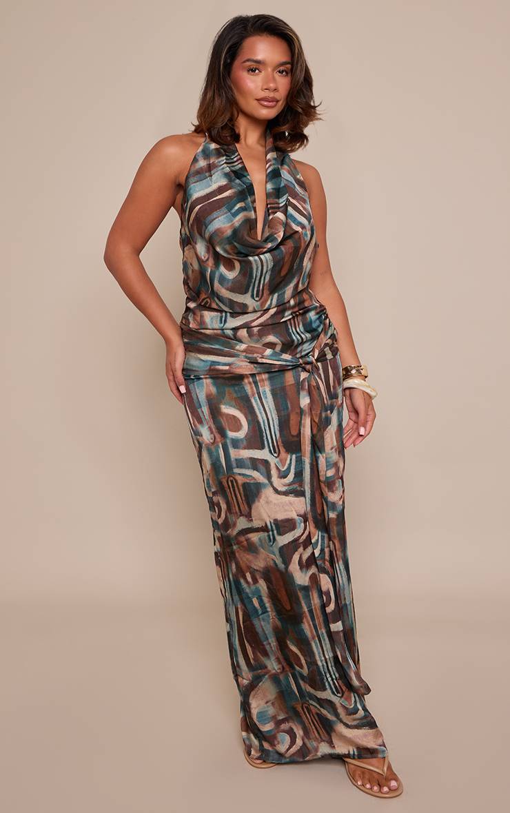 Multicolore Robe Longue Bleu À Motifs Abstraits Col Bénitier Avec Nœud Devant