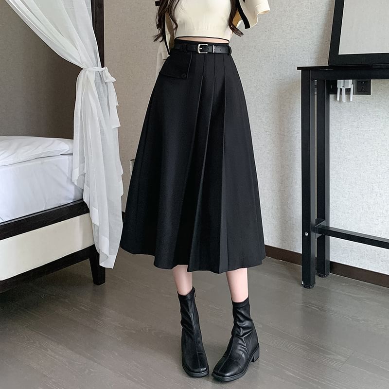 Odestra - Hoge taille effen asymmetrische geplooide midi A-lijn rok