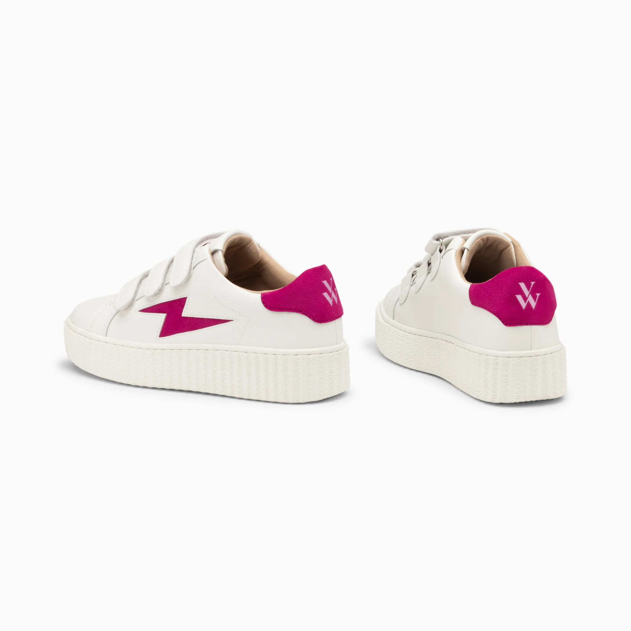 Sneakers-Baskets éclair Vicky blanc et fuchsia à scratchs