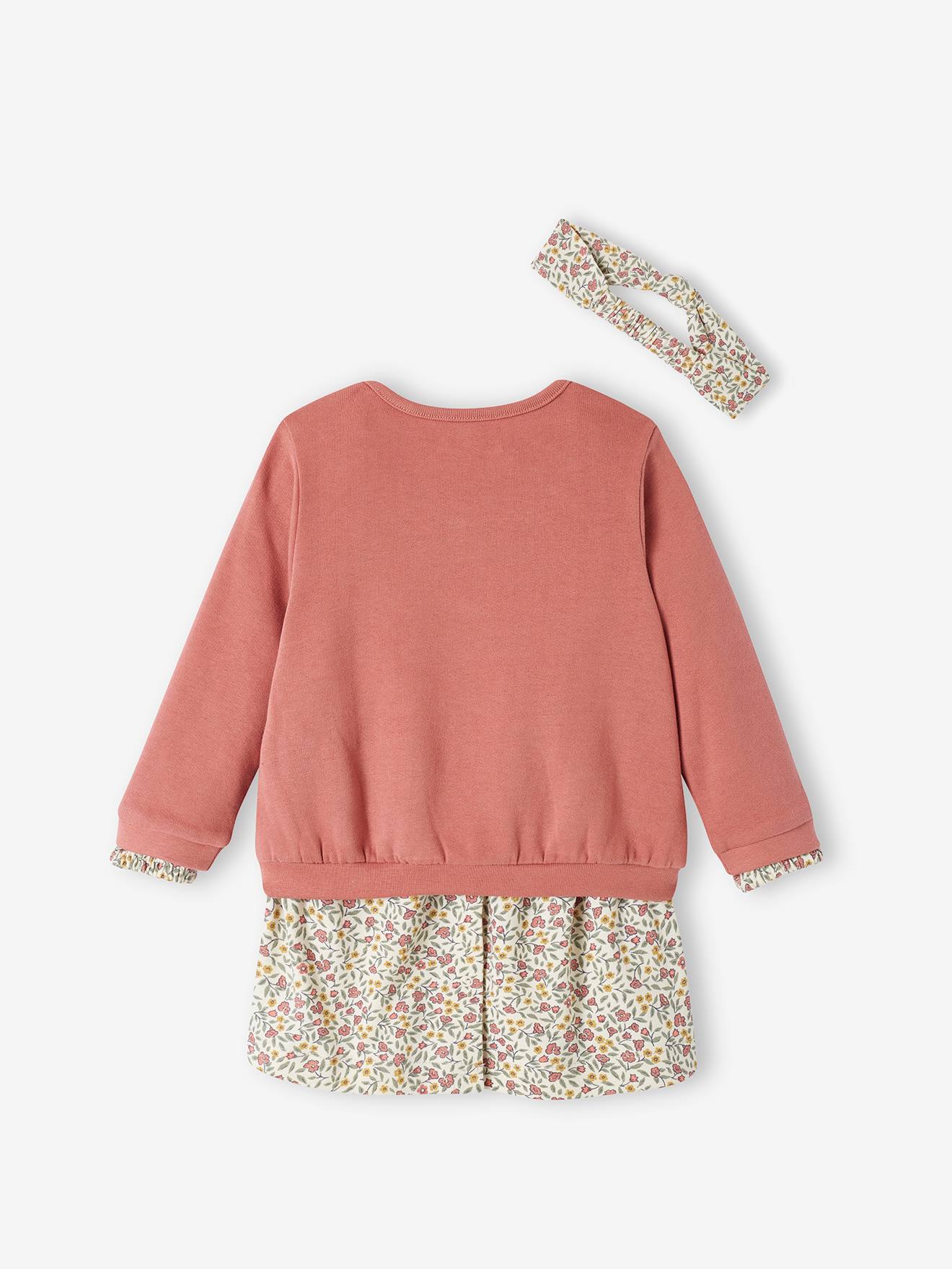 Conjunto de 3 peças com vestido + casaquinho + faixa de cabelo, para meninas, na cor rosa antigo.