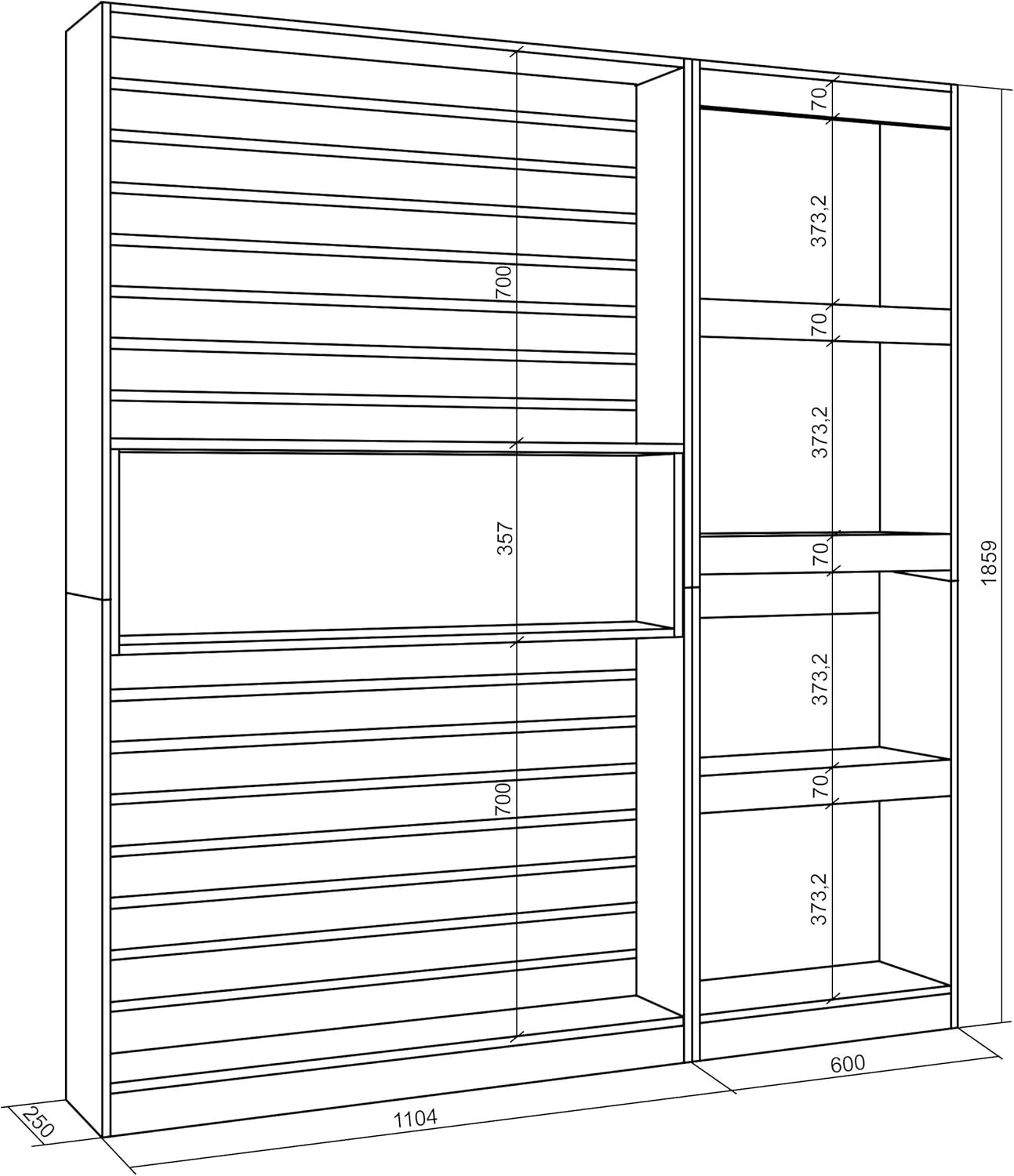 Skraut Home | Bücherregal Bibliothek | Bookshelf, Bookcase | 170x186x25cm | Wohnzimmer, Esszimmer, Büro | Elektrokamin. Maße | Moderner Stil | Eiche Schwarz