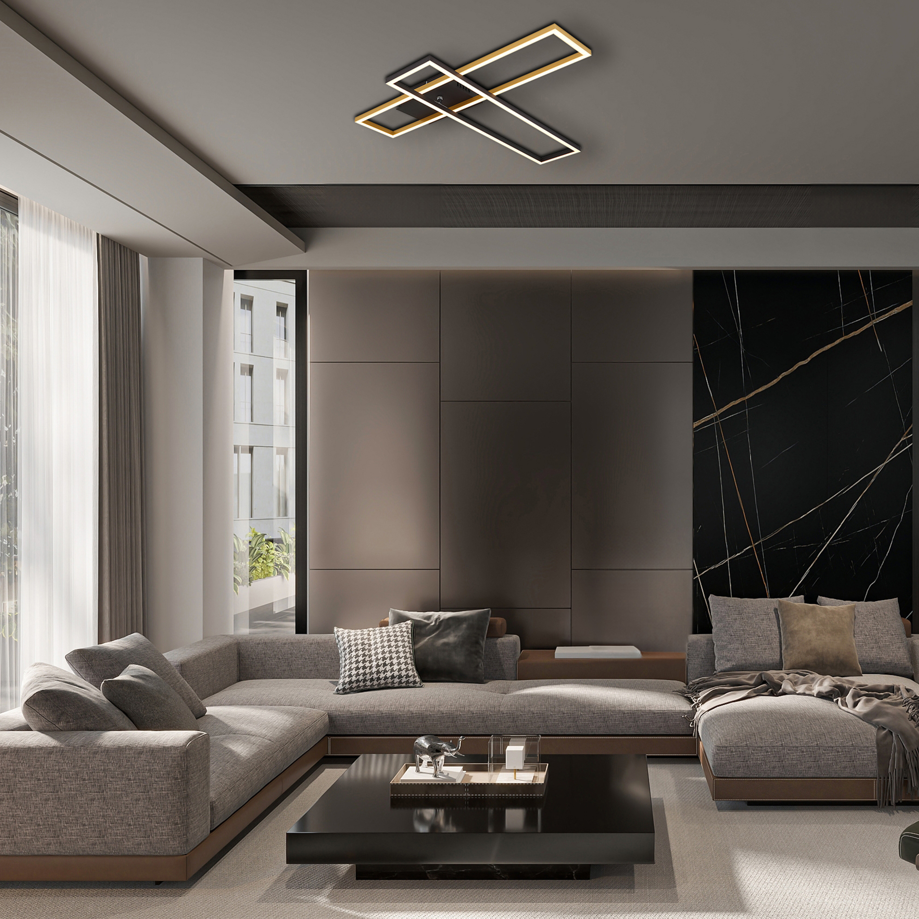 LED-Deckenleuchte - schwarz-Holzoptik-opal - 30 Watt