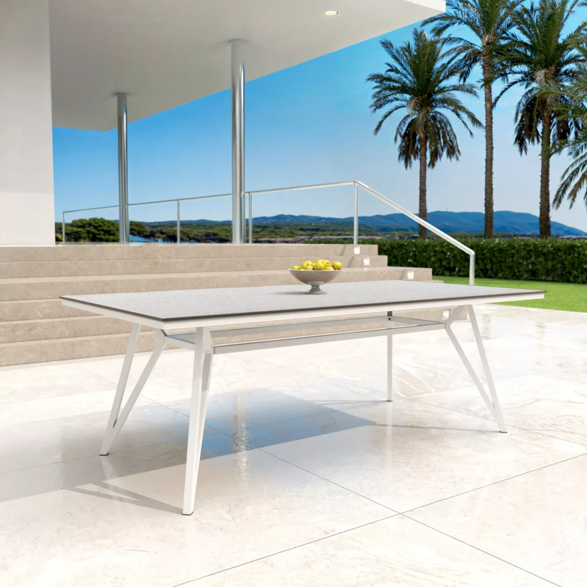 Table de jardin en aluminium et HPL 10 places (220 x 115 cm) Biarritz effet pierre Blanc