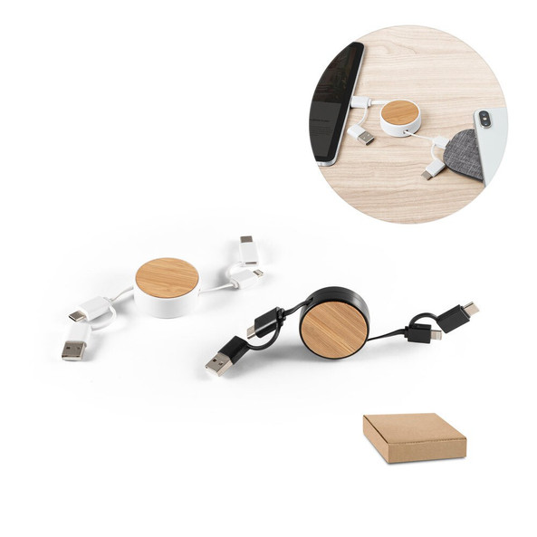 hi!dea 97091 - Câble USB rétractable 6 en 1 en ABS recyclé (100 % rABS) et bambou