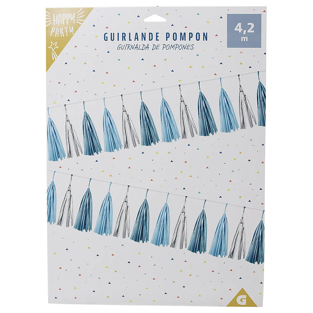 Guirlande pompon en papier bleu et blanc