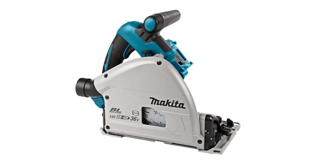 Makita2x18 V Invalcirkelzaag 165 mm DSP600ZJ2 handcirkelzaag  (Accu en oplader niet inbegrepen, in Mbox, met geleiderail 1500 mm (1 st) en tas)