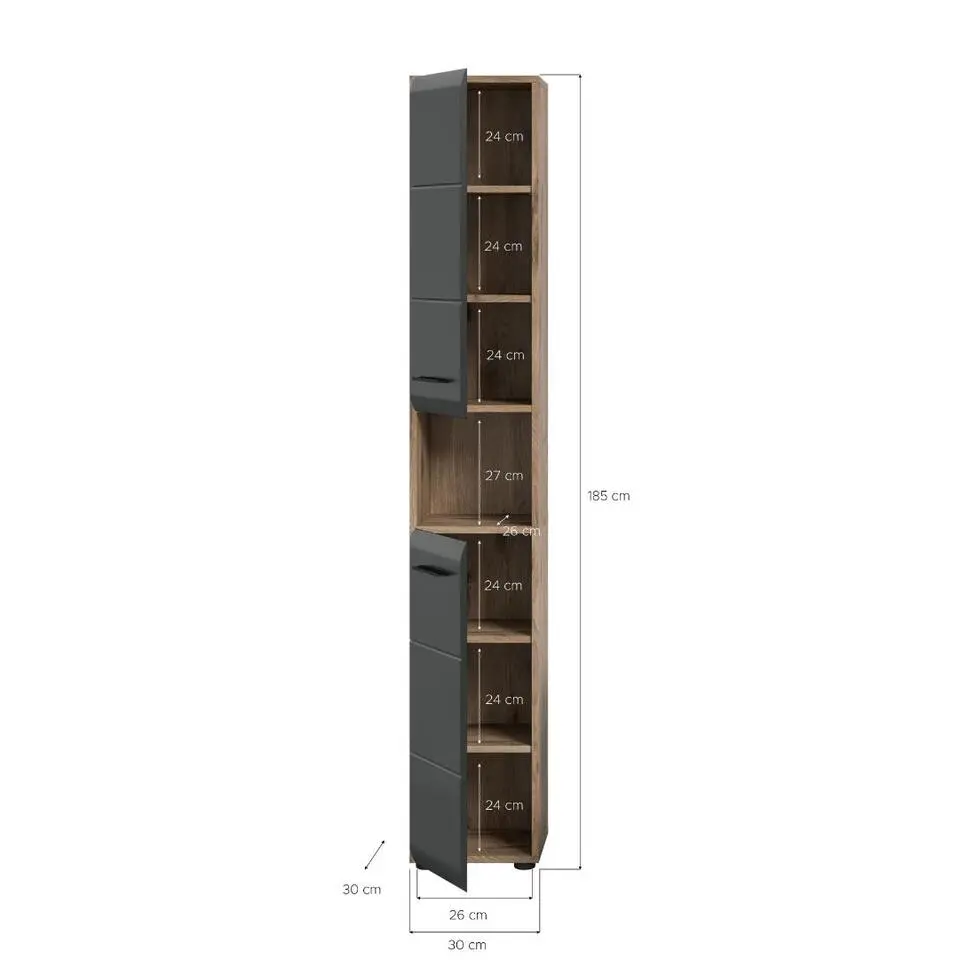 Hioshop Ice kolomkast 2 deuren- 1 plank zwart mat- eiken decor