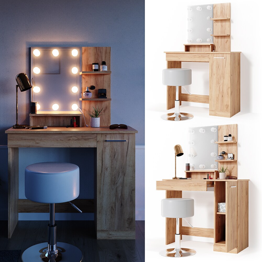 VICCO LED Schminktisch JULIA Frisierkommode Frisiertisch Spiegel Eiche Hocker