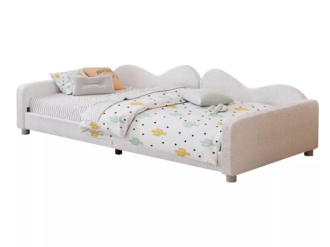 Lit banquette capitonné - 90 x 200 cm - 2 tiroirs - tissu peluche - sommier à lattes - pour enfant ou bébé - blanc