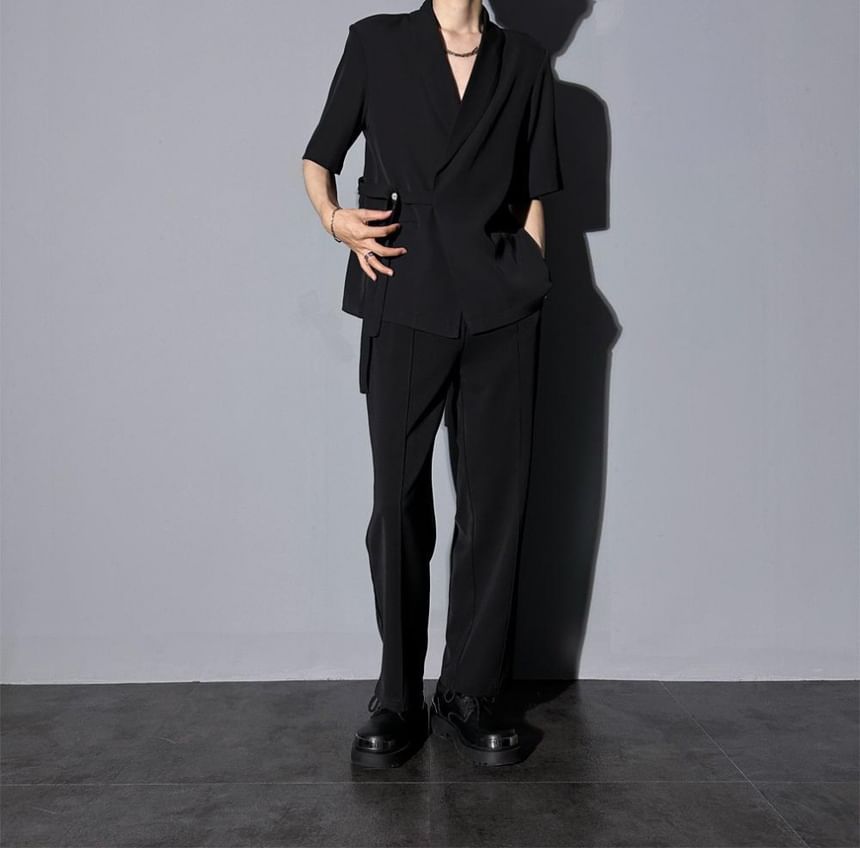 Wewewow - Set: Effen blazer met elleboogmouwen + Rechte pantalon