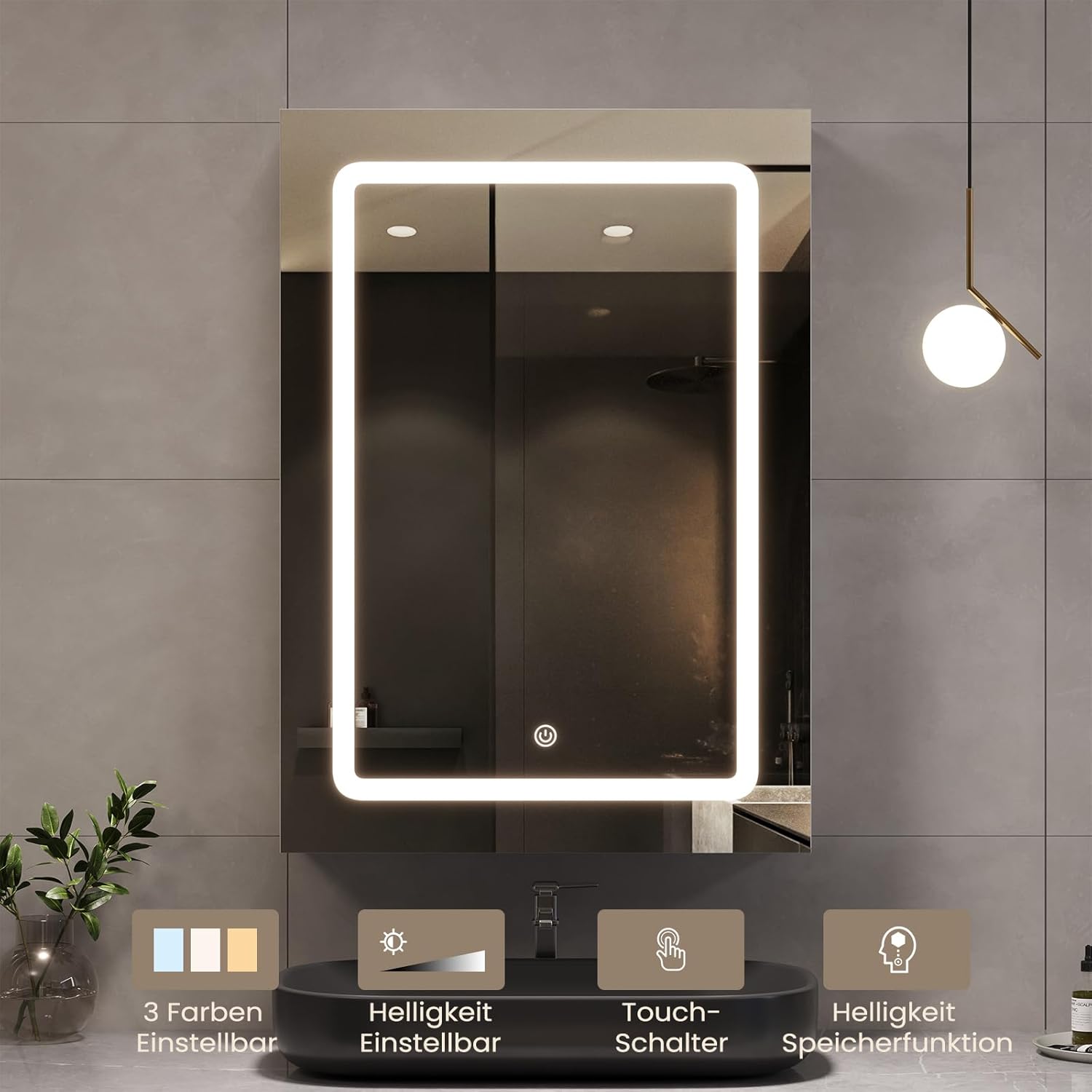 DICTAC Spiegelschrank Bad mit Led Beleuchtung 50x70x16cm Einzeltür Badezimmer spiegelschrank mit licht und Verstellbares Regale Badschrank mit Einstellbar Spiegel,Berührung Sensorschalter,Weiß