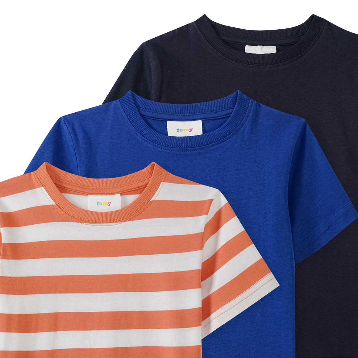 Famy 3 Jungen T-Shirts in verschiedenen Dessins orange / dunkelblau / königsblau
