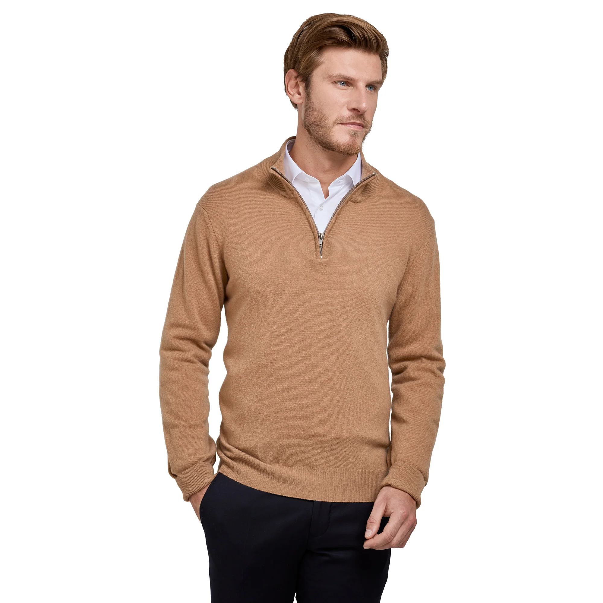 Pull col zip laine Mérinos et cachemire camel