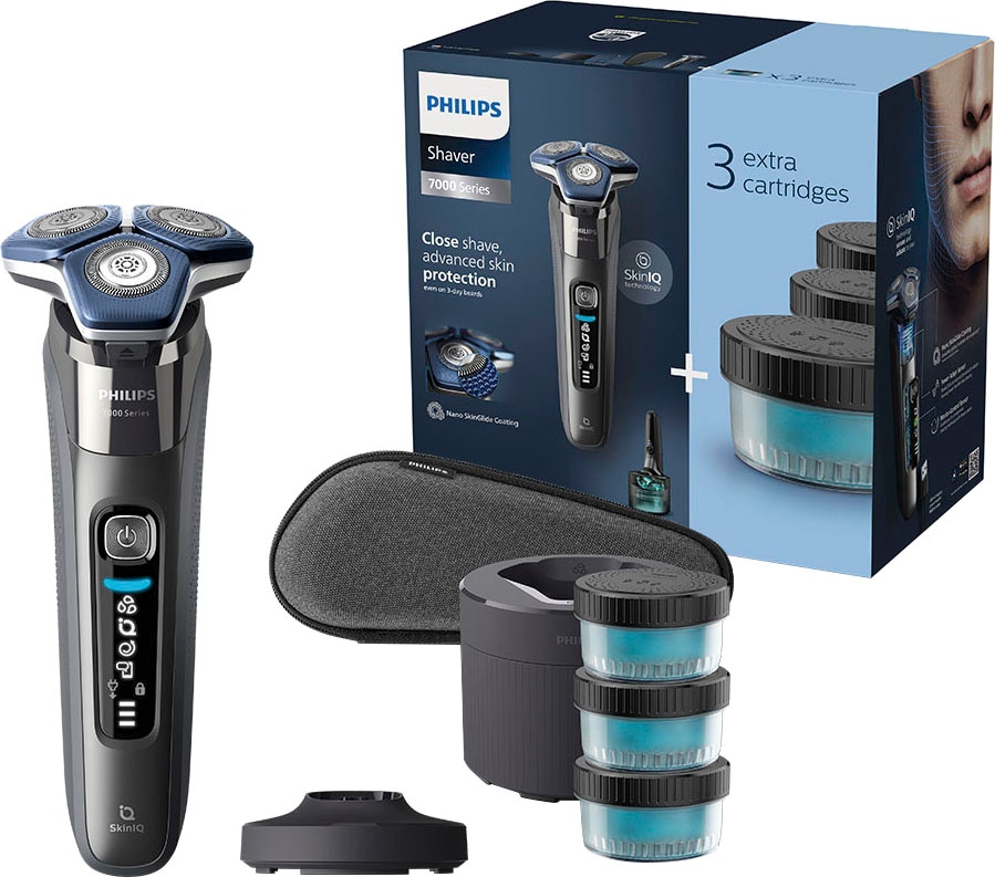 Philips Elektrorasierer »Shaver Series 7000 S7887/63« Reinigungsstation ausklappbarer Präzisionstrimmer 4 Reinigungskartuschen, Ladestand, Etui, mit SkinIQ Technologie