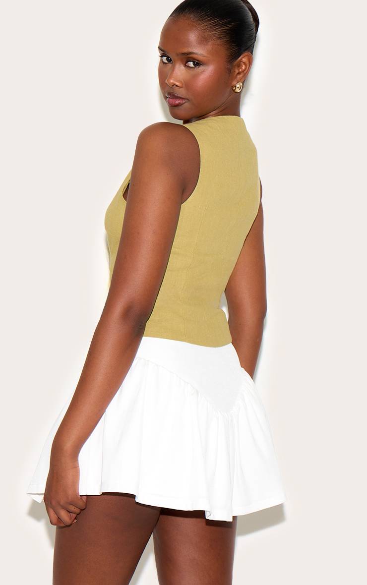 Vert Olive Gilet Asymétrique Boutonné En Mélange De Lin Premium