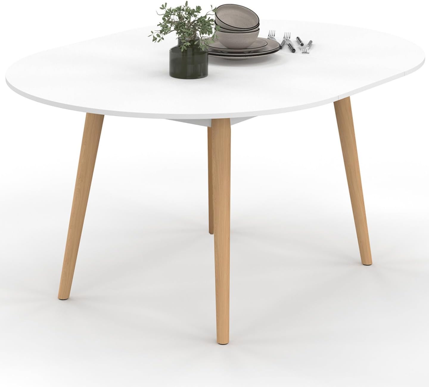 IDMarket - Table à Manger Ronde Angela 6-8 personnes Blanc pied Bois 110-150 cm