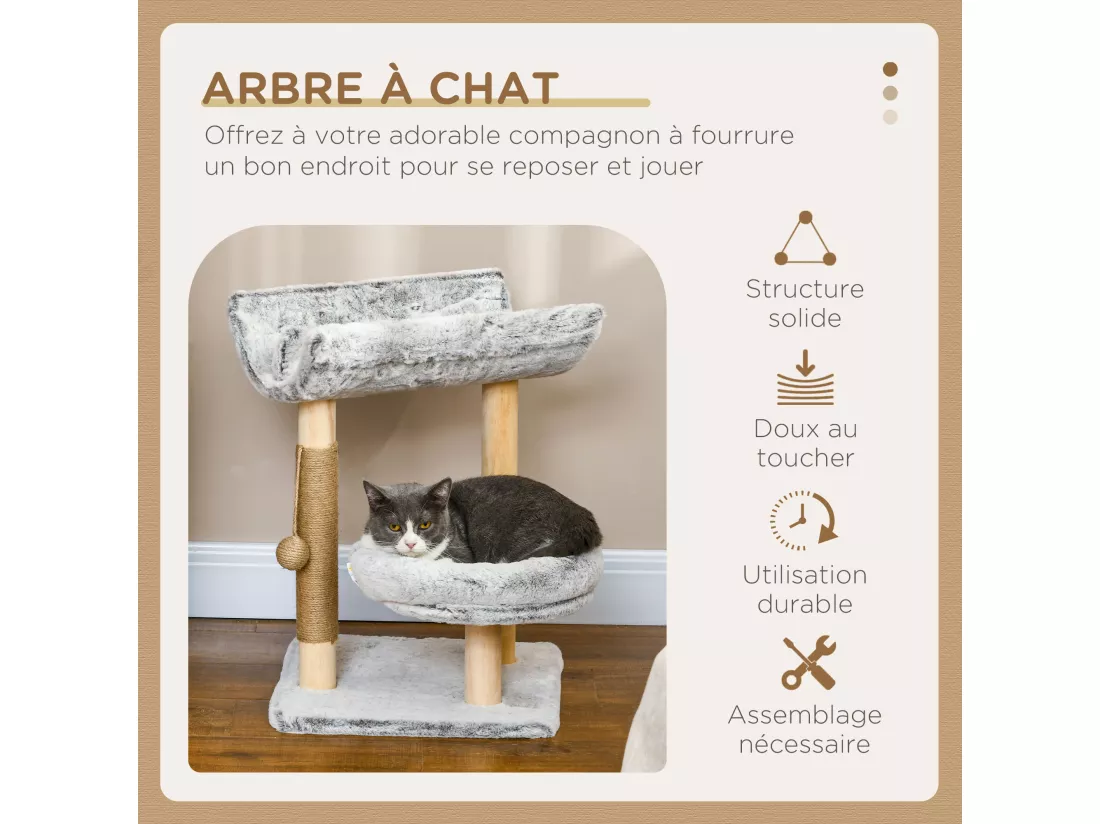 Arbre à chat griffoir chanvre naturel panier plateforme d'observation jeu boule suspendue bois panneaux peluche gris