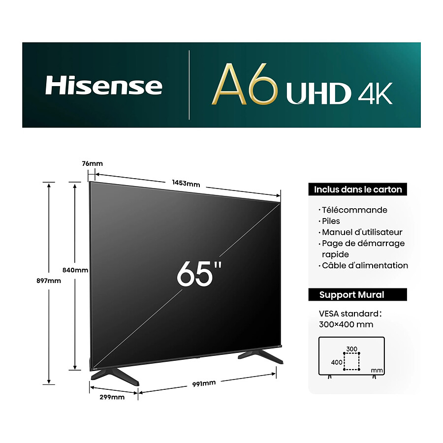 Hisense 65A6N - TV 4K UHD HDR - 164 cm