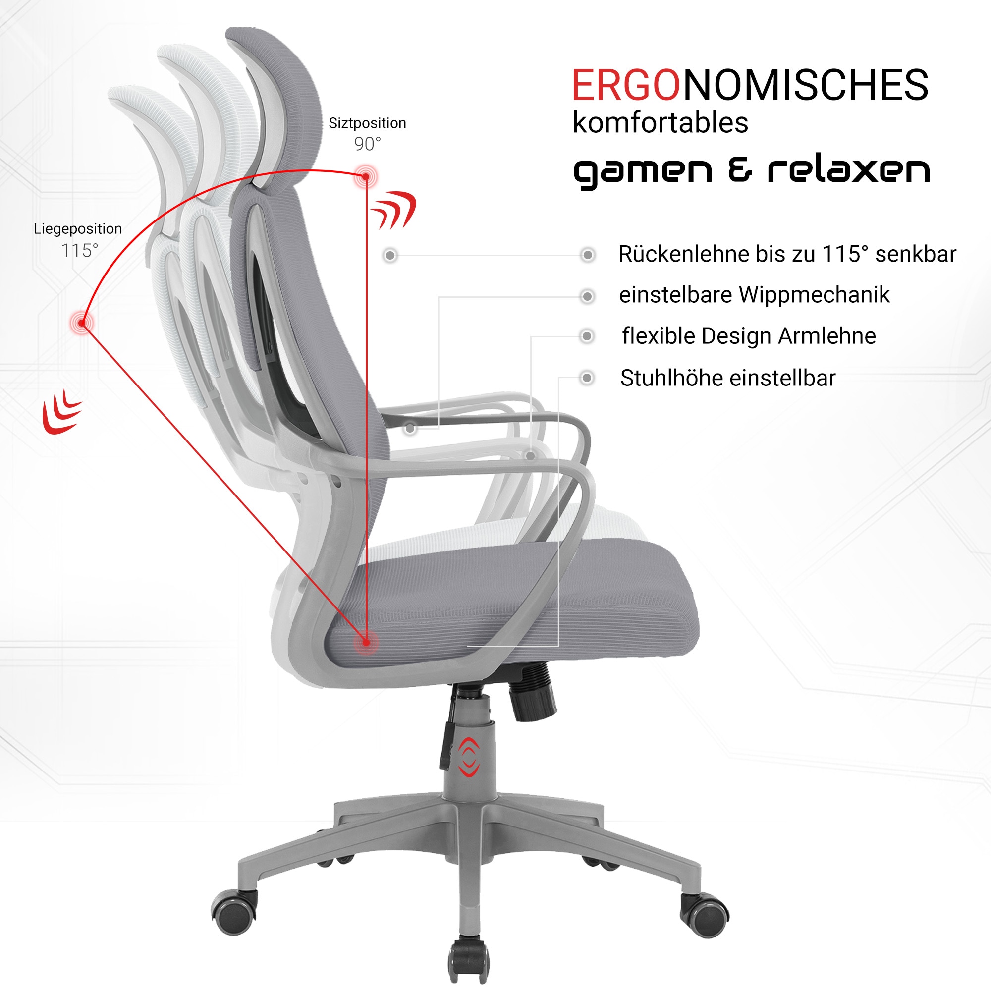 Bürostuhl mit Lordosenstütze im Netzstoff-Design Schreibtischstuhl mit Wippfunktion ergonomischer Drehstuhl mit einer verstellbaren atmungsaktiven Rückenlehne