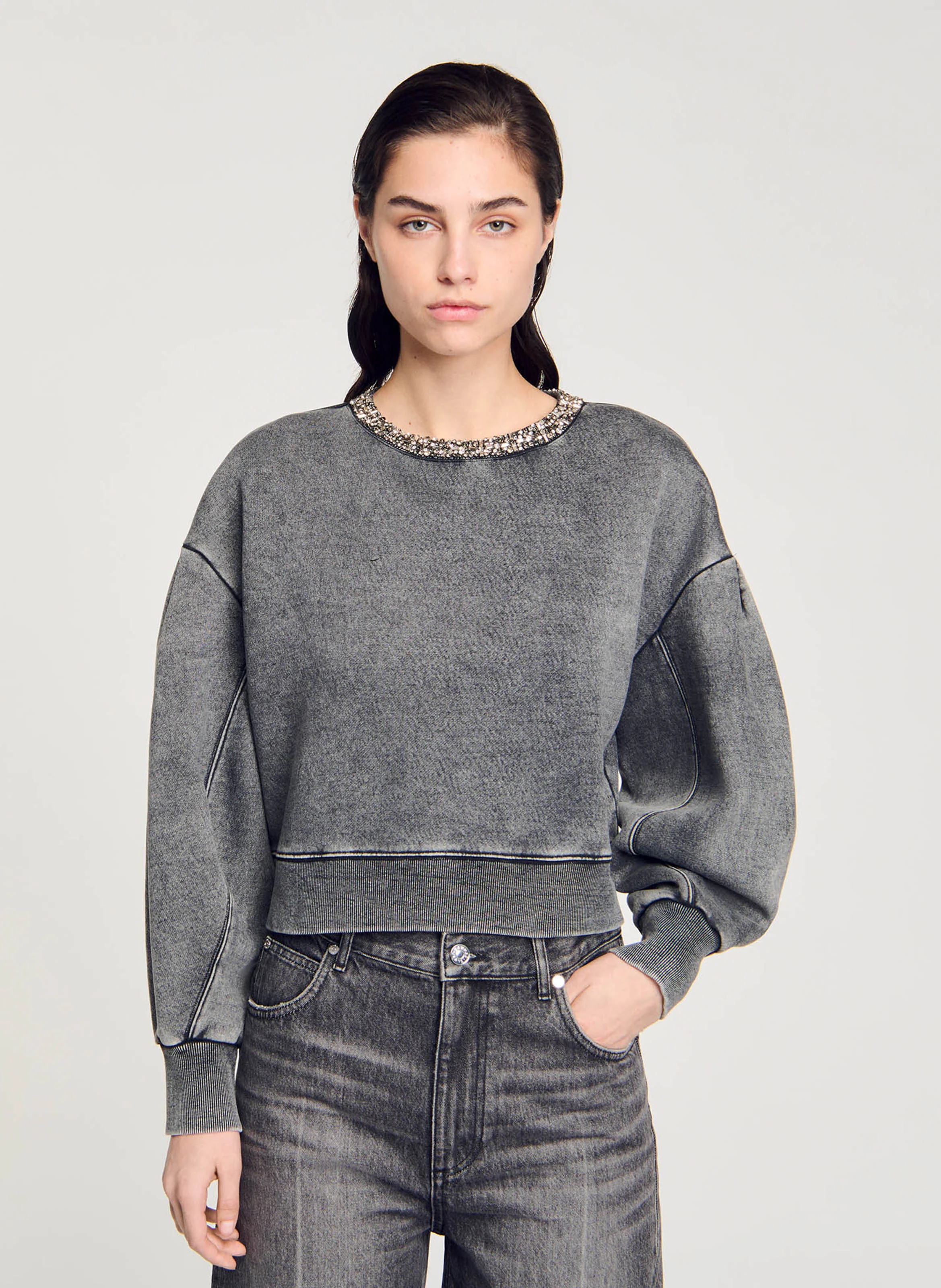Sweat col rond en coton mélangé | Gris