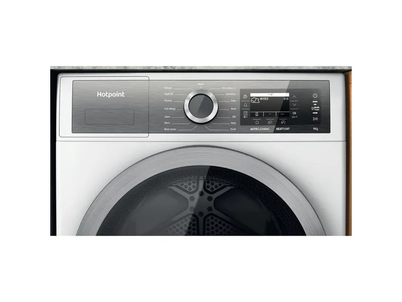 Hotpoint H8 D94WB EU, Fritstående, Front-læsning, Varmepumpe, Hvid, Dreje, Berøring, Højre