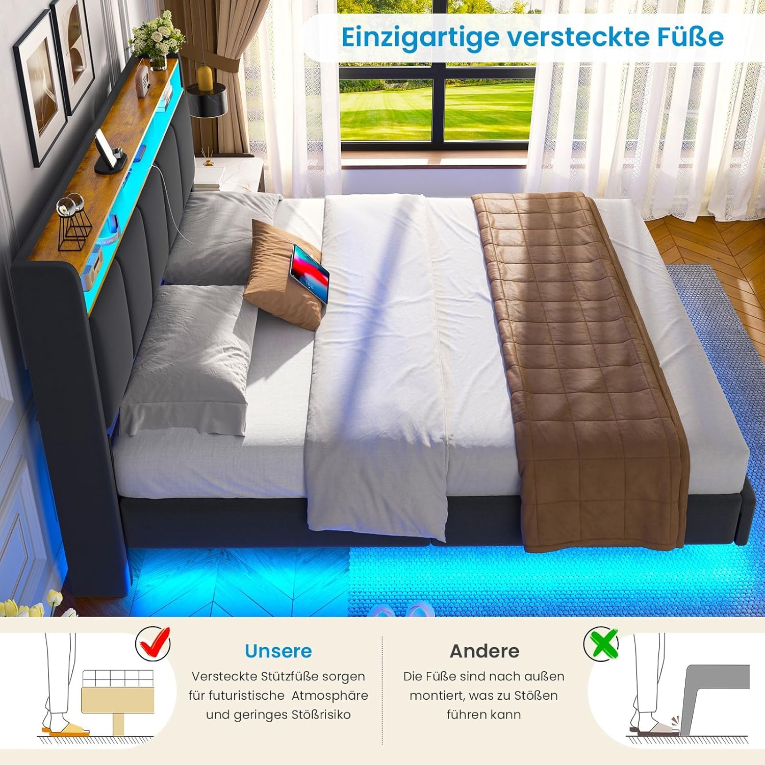 Polsterbett 180x200 cm Schwebebett mit LED-Beleuchtung, Kopfteil und Ladestation(2 AC-Steckdosen, 2 USB-Anschlüsse), Bett 180x200 mit Stauraum, Modern Doppelbett mit lattenrost, Leinen, Grau