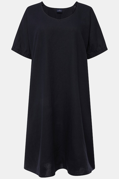 Leinenmix-Kleid, Rundhals, elastische Halbarm-Abschlüsse