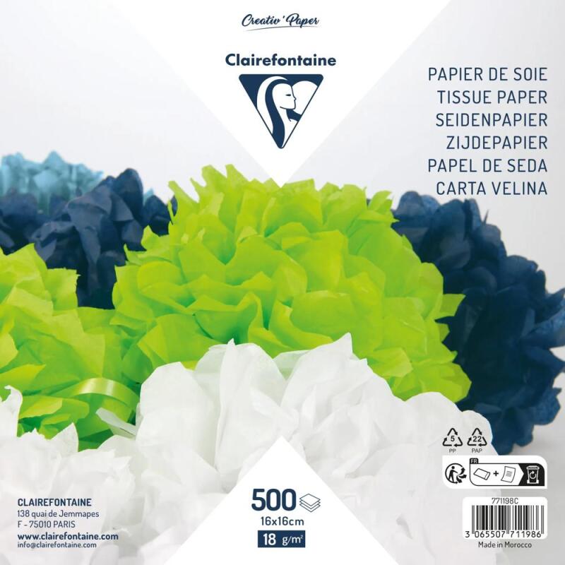 PAPIER SOIE, Paquet de 500 feuilles 18g/m2 au format 16x16cm - Assortiment