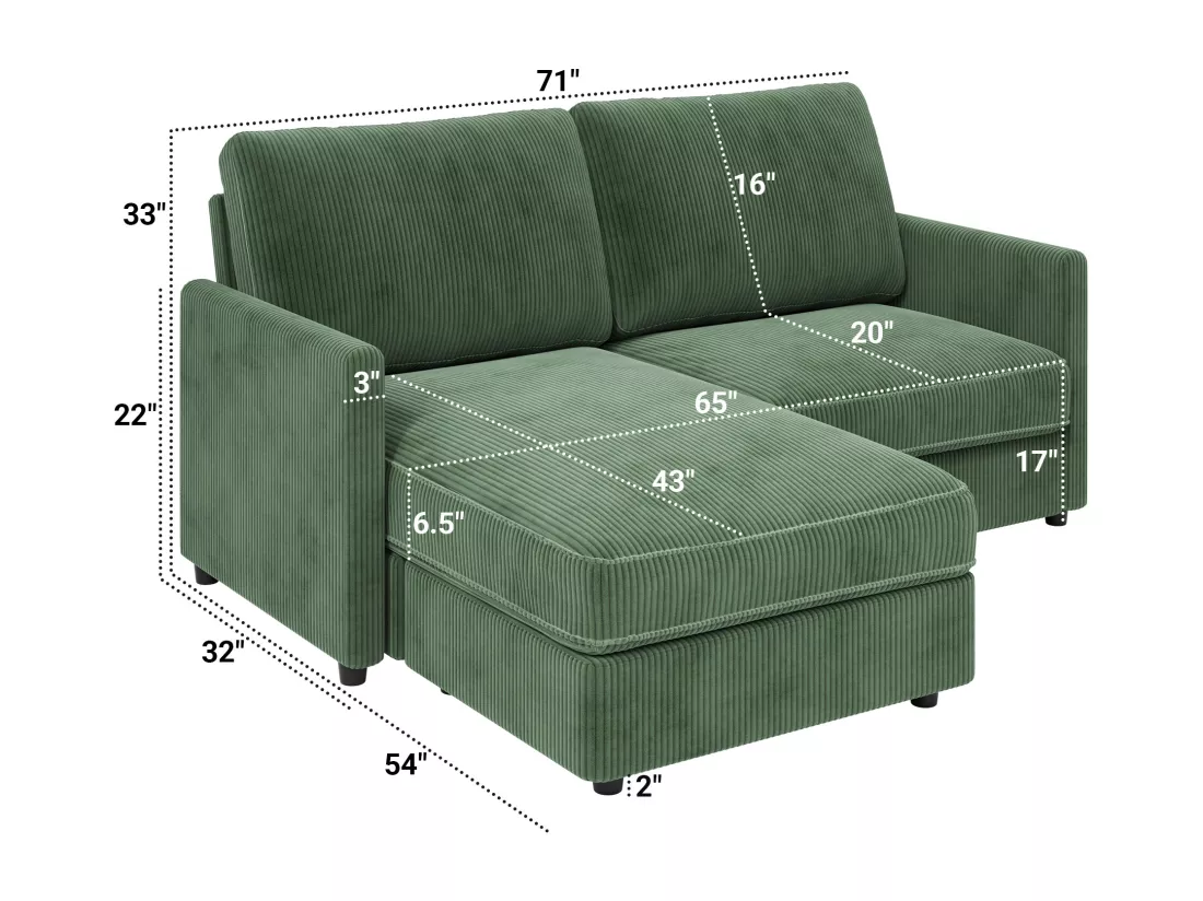 Canapé d'angle 2 places - angle droit / gauche réversible - 180x140x86cm - en Tissu Velours côtelé - Charge max 300kg - Vert