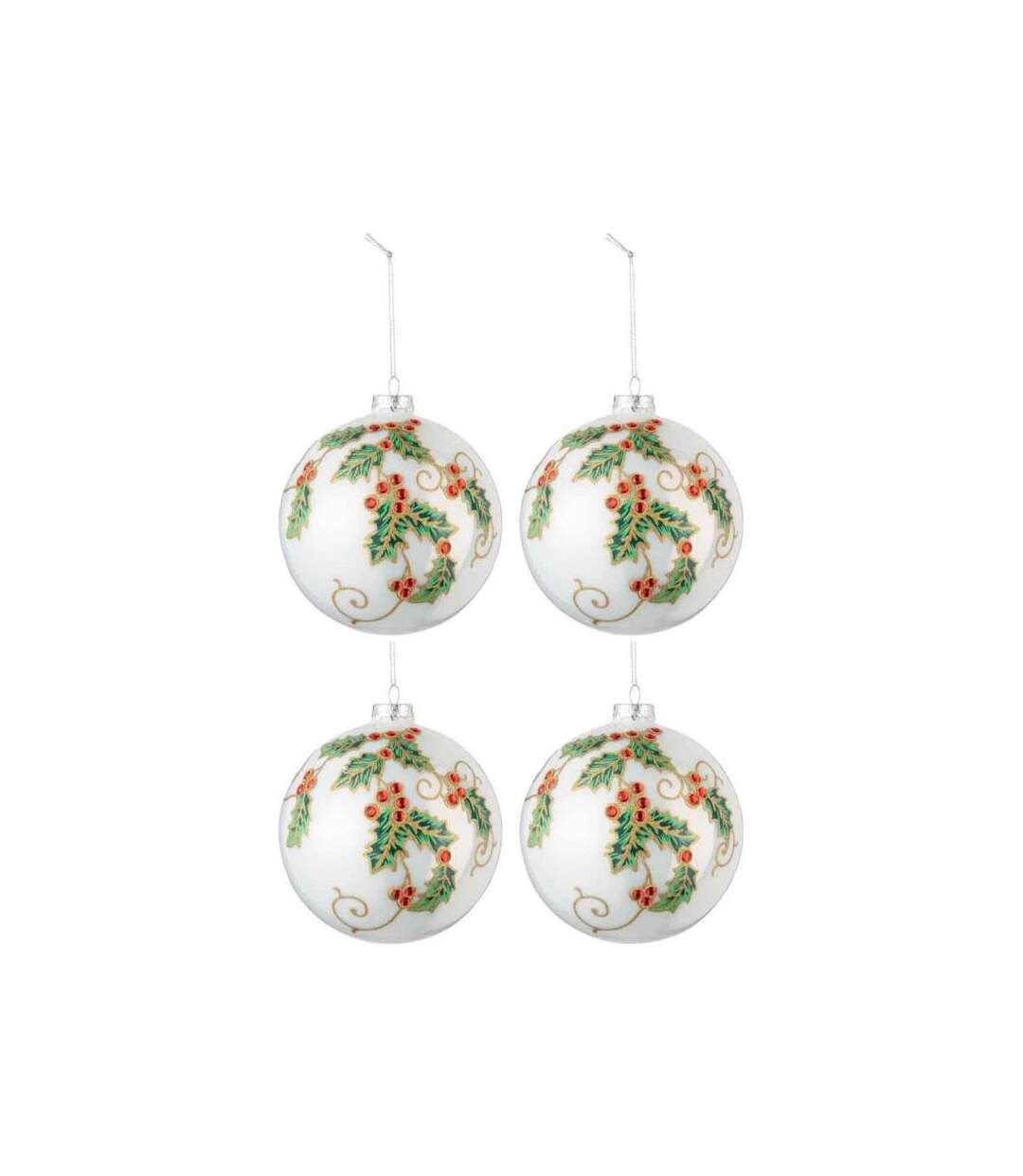 Paris Prix - Lot De 4 Boules De Noël houx 10cm Blanc & Vert