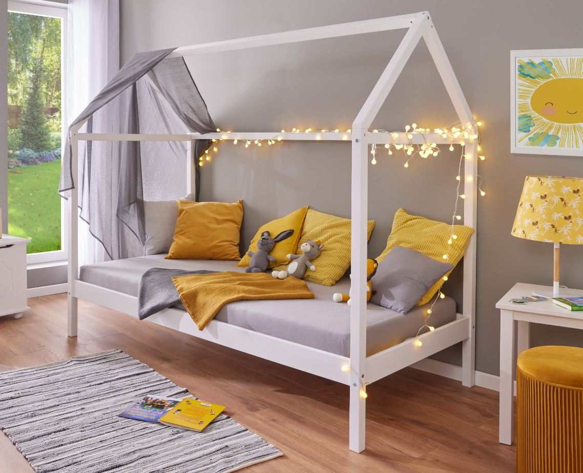 Inter Link Kinderbett Hausbett Sunroad 90x200 cm in Kiefer Massivholz - Weiss