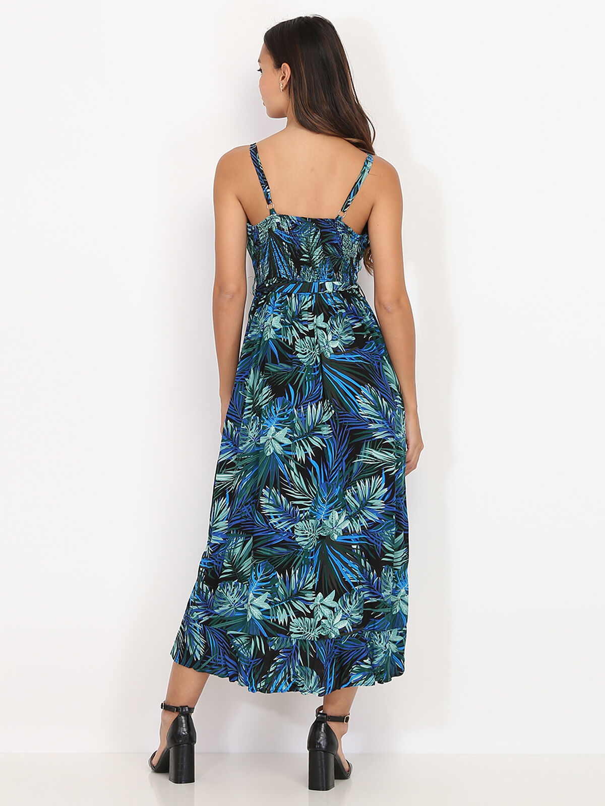 Robe à volants et feuilles tropicales- noir_bleu