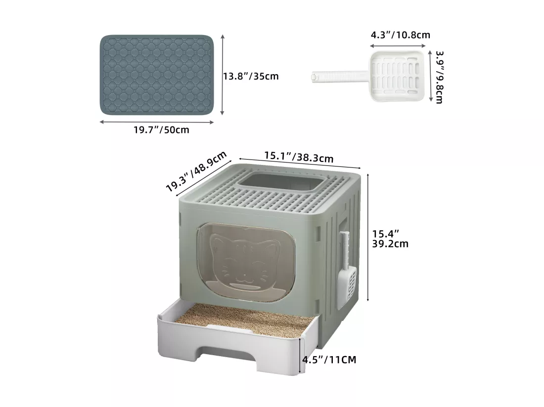 YITAHOME Bac à litière pour Chat avec Couvercle, Grand bac à litière fermé, Couvercle inodore, Anti-éclaboussures, avec tiroir, Pelle à litière, bac à litière Pliable avec Couvercle (Gris)
