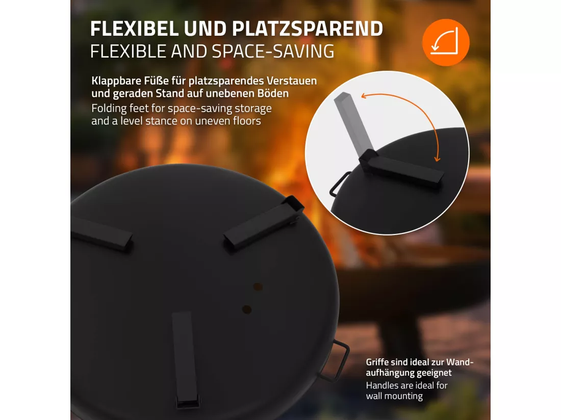 Bol à feu basero acier noir avec 3 pieds pliables foyer grille barbecue Ø70x27cm