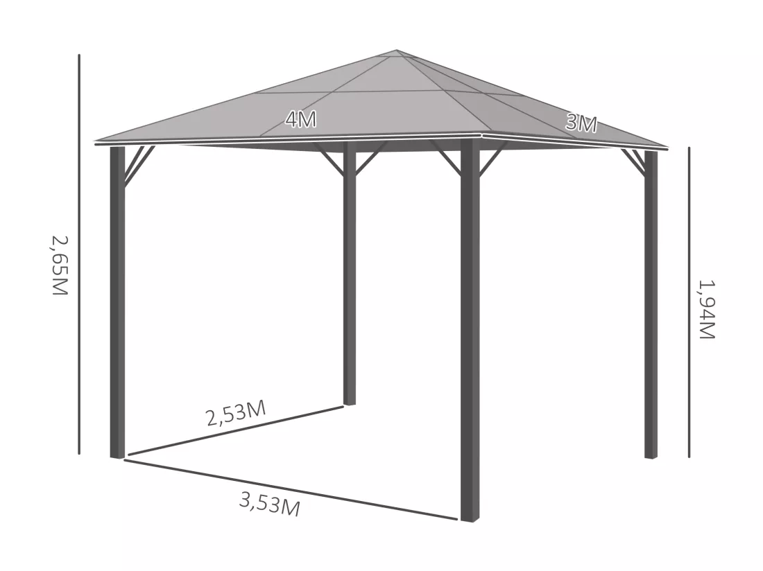 Pavillon de jardin tonnelle rigide dim. 4L x 3l x 2,65H m 4 parois latérales anti-UV gris 4 moustiquaires zippées alu. métal polycarbonate noir brun