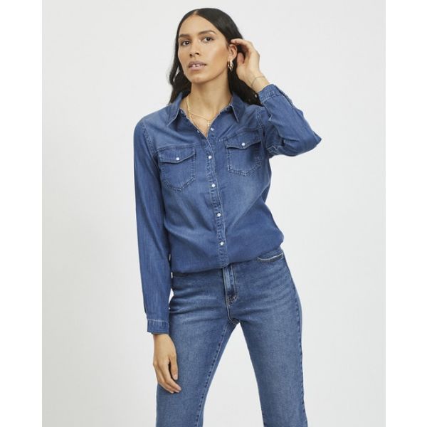 Vila Camisa Vibista - 14033008-MEDIUM-BLUE-DENIM-NOOS
