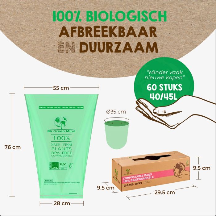 60st Afvalzak bio Mr. Green Mind 55x76cm 40-45 liter dispenser 60 stuks (8713631204113)